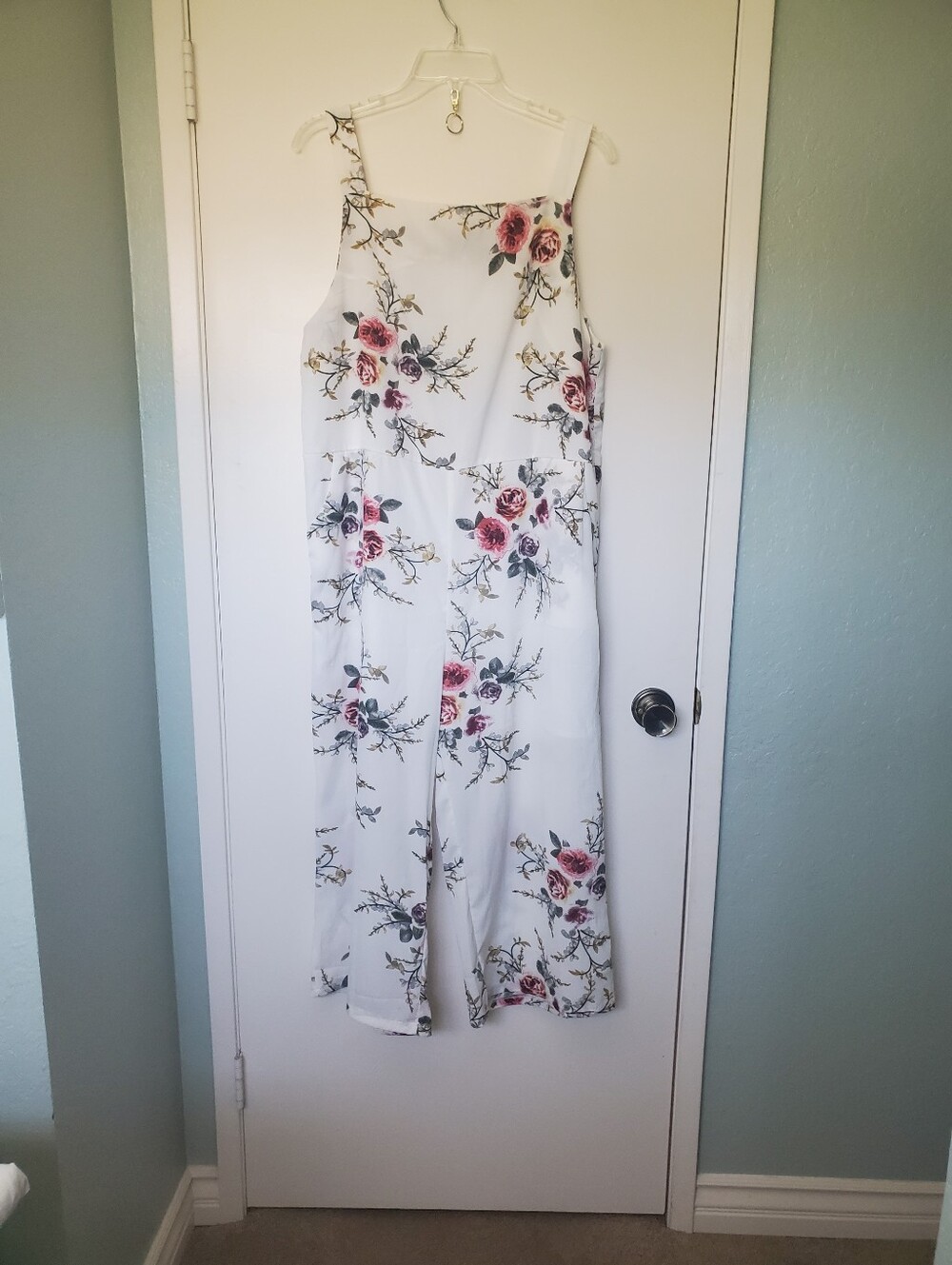 FangZe Yuan Womans Shabby Roses on White Lightweight Flowy Bib Overalls Sz  XL